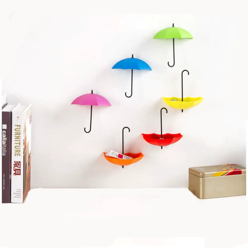 DXX Creative Cute Rainbow Umbrella Punch-Free Hook Self Adhesive Colorful Umbrella Key Holder Wall Hanging Umbrella Type Decorative Rack for Home Living Room Indoor A
