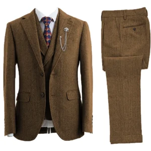 Men 3 Piece Suit Tweed Herringbone Double-Breasted (Many Colors)