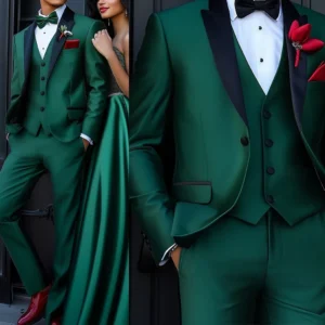 Men's 3 Piece Solid Green/Black Suit